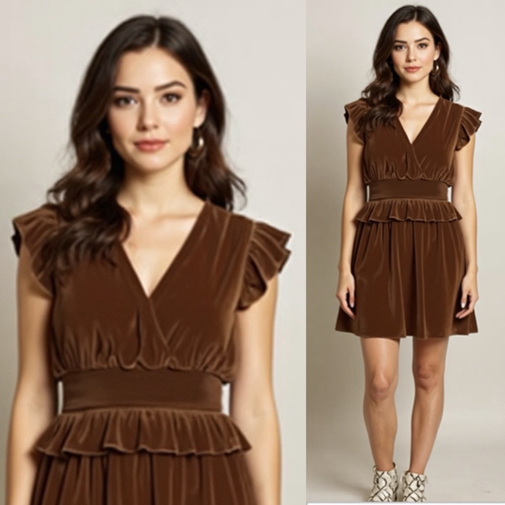 Happy X Nature Kate Hudson Chocolate Brown Ruffle Velvet Mini Dress Size Small